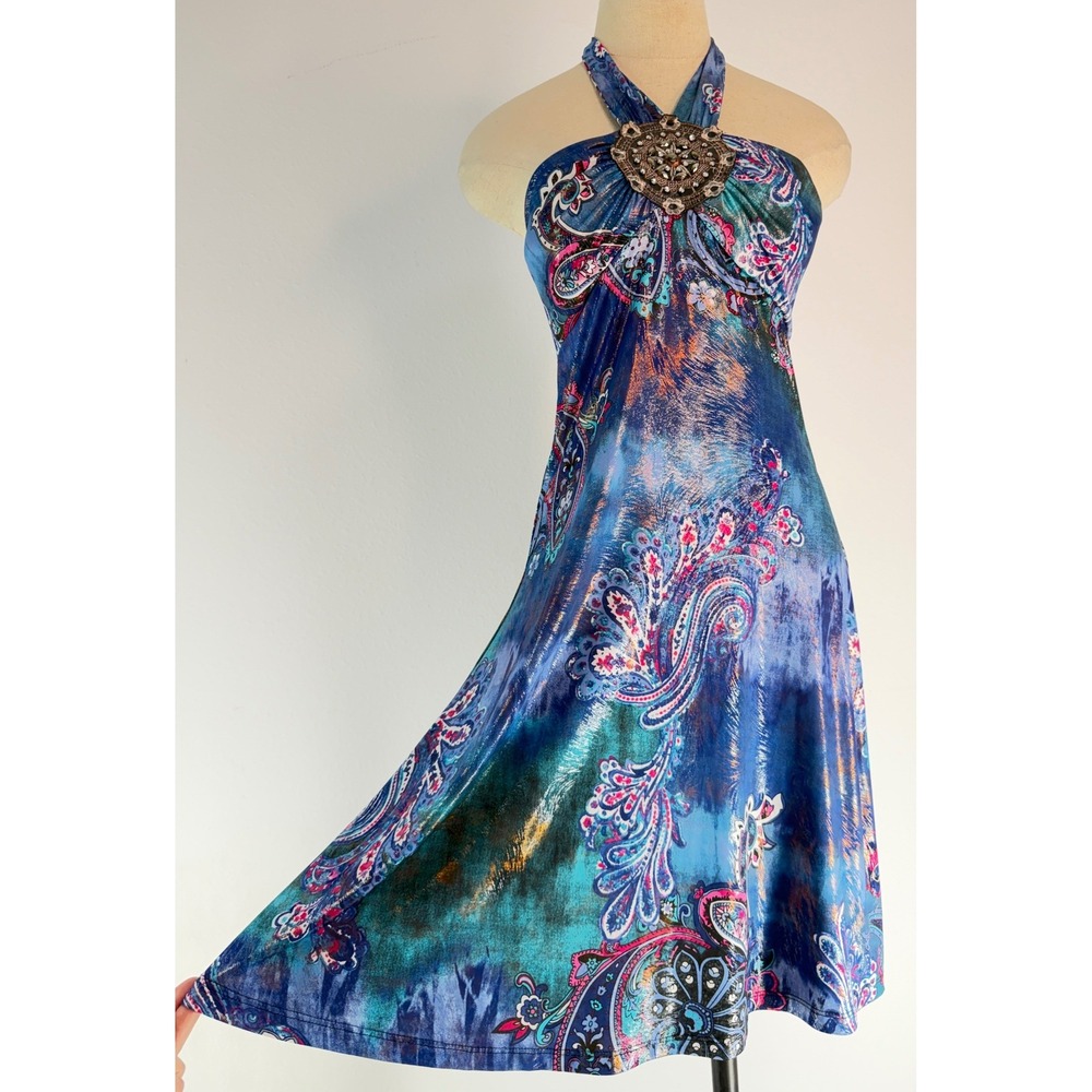 VTG Y2K Route‎ 3 Groovy Mini Dress Halter Neck Boho Fairy Mermaidcore Medium